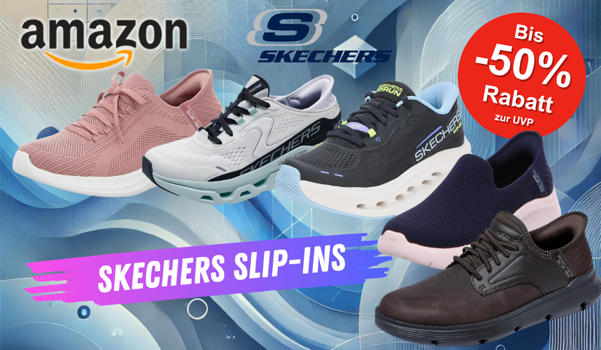 Auf dem Bild sind unterschiedliche Varianten des Skechers Modells Slip-Ins zu sehen