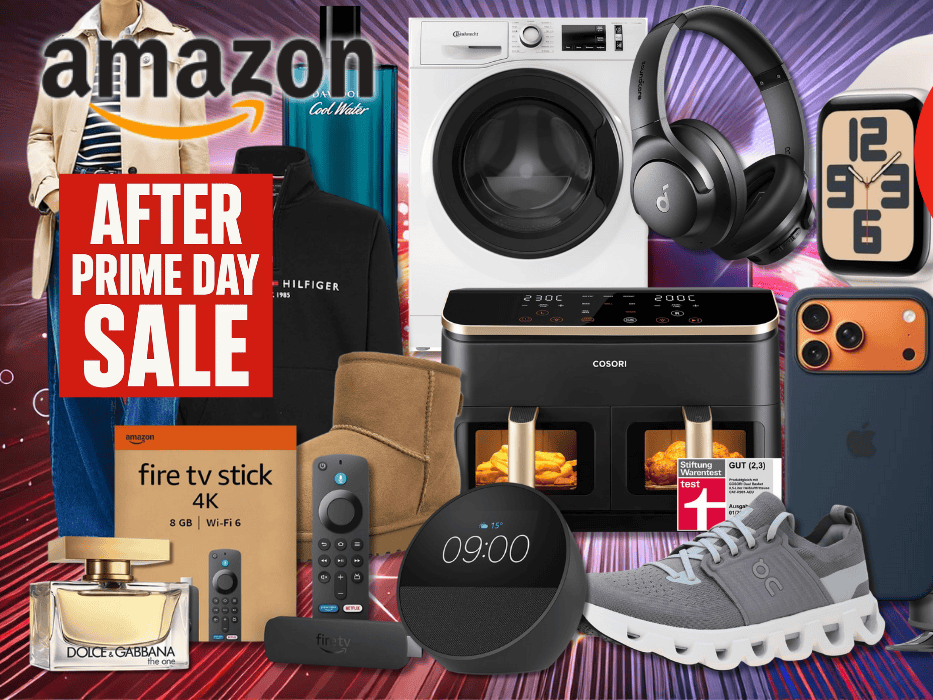 Viele Produkte vor einem spacigen Hintergrund mit Licht, mit dabei Marken wie Tommy Hilfiger Trenchcoat und Pullover, on Sneaker, Dr Martens und Ugg Boots, Apple Watch & IPhone, Cosori Airfryer, Amazon Fire TV Stick & Echo Pop.