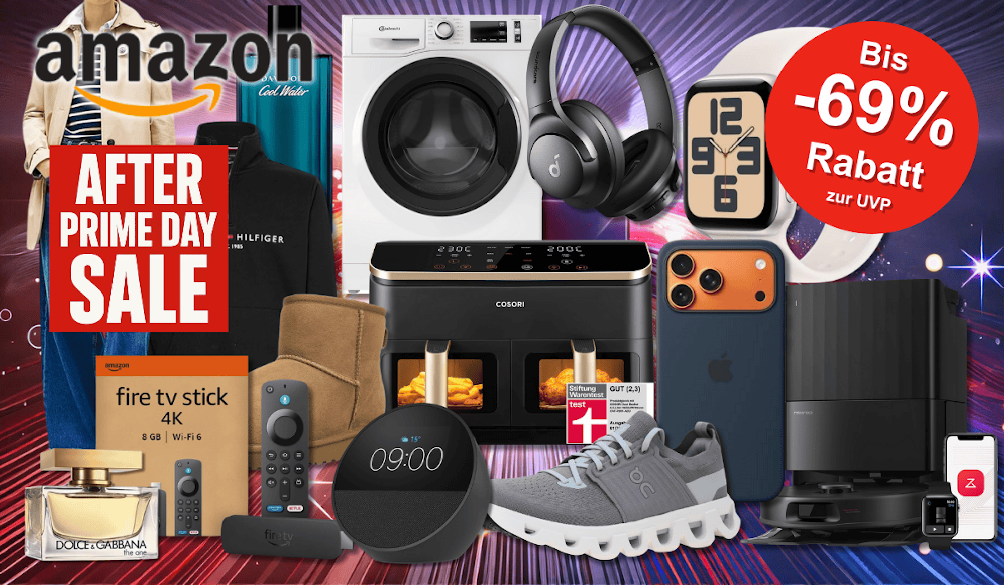 Viele Produkte vor einem spacigen Hintergrund mit Licht, mit dabei Marken wie Tommy Hilfiger Trenchcoat und Pullover, on Sneaker, Dr Martens und Ugg Boots, Apple Watch & IPhone, Cosori Airfryer, Amazon Fire TV Stick & Echo Pop.