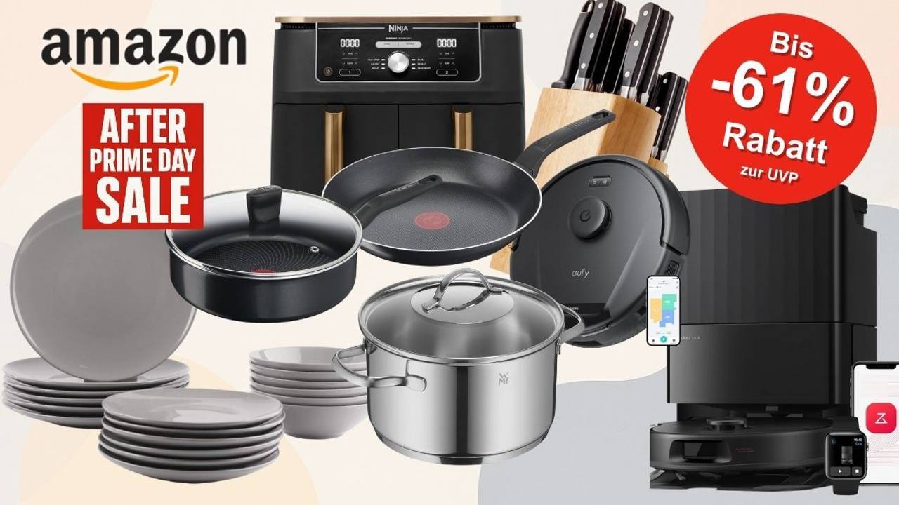 After Prime Deal Days bei Amazon in der Kategorie Haushalt. Markenprodukte von Tefal, WMF, Roborock, Cosori, Ninja und mehr. Staubsaugerroboter, Airfryer, Pfannen vor buntem Hintergrund.
