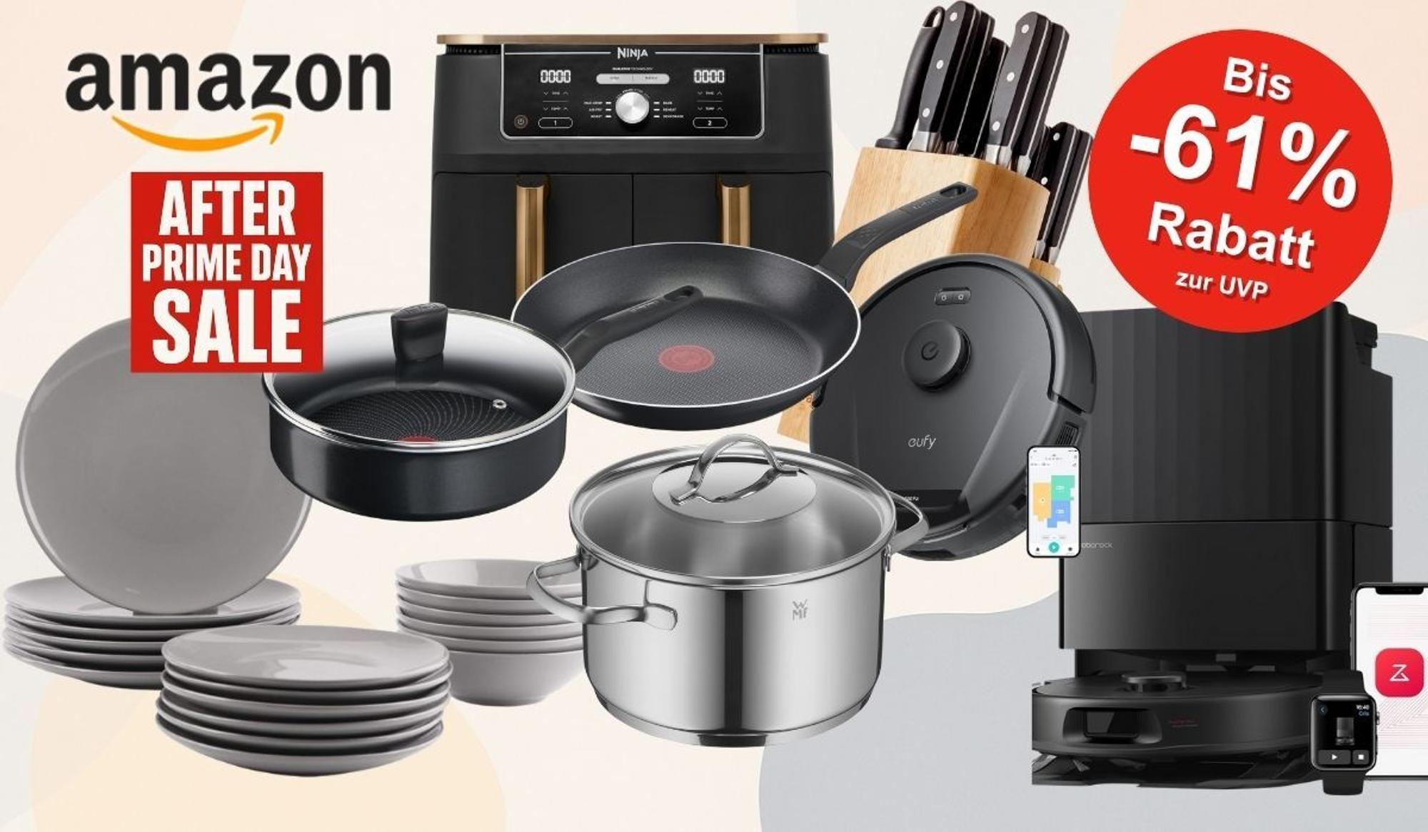 After Prime Deal Days bei Amazon in der Kategorie Haushalt. Markenprodukte von Tefal, WMF, Roborock, Cosori, Ninja und mehr. Staubsaugerroboter, Airfryer, Pfannen vor buntem Hintergrund.