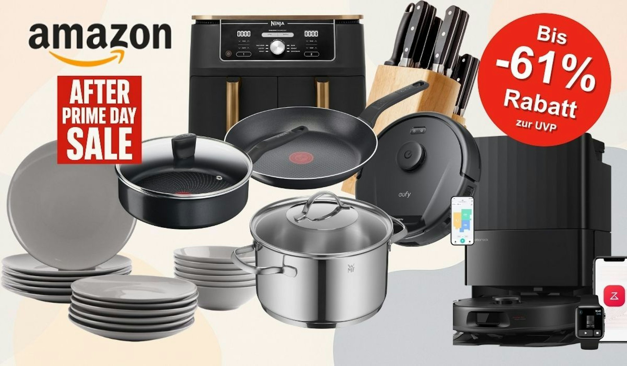After Prime Deal Days bei Amazon in der Kategorie Haushalt. Markenprodukte von Tefal, WMF, Roborock, Cosori, Ninja und mehr. Staubsaugerroboter, Airfryer, Pfannen vor buntem Hintergrund.