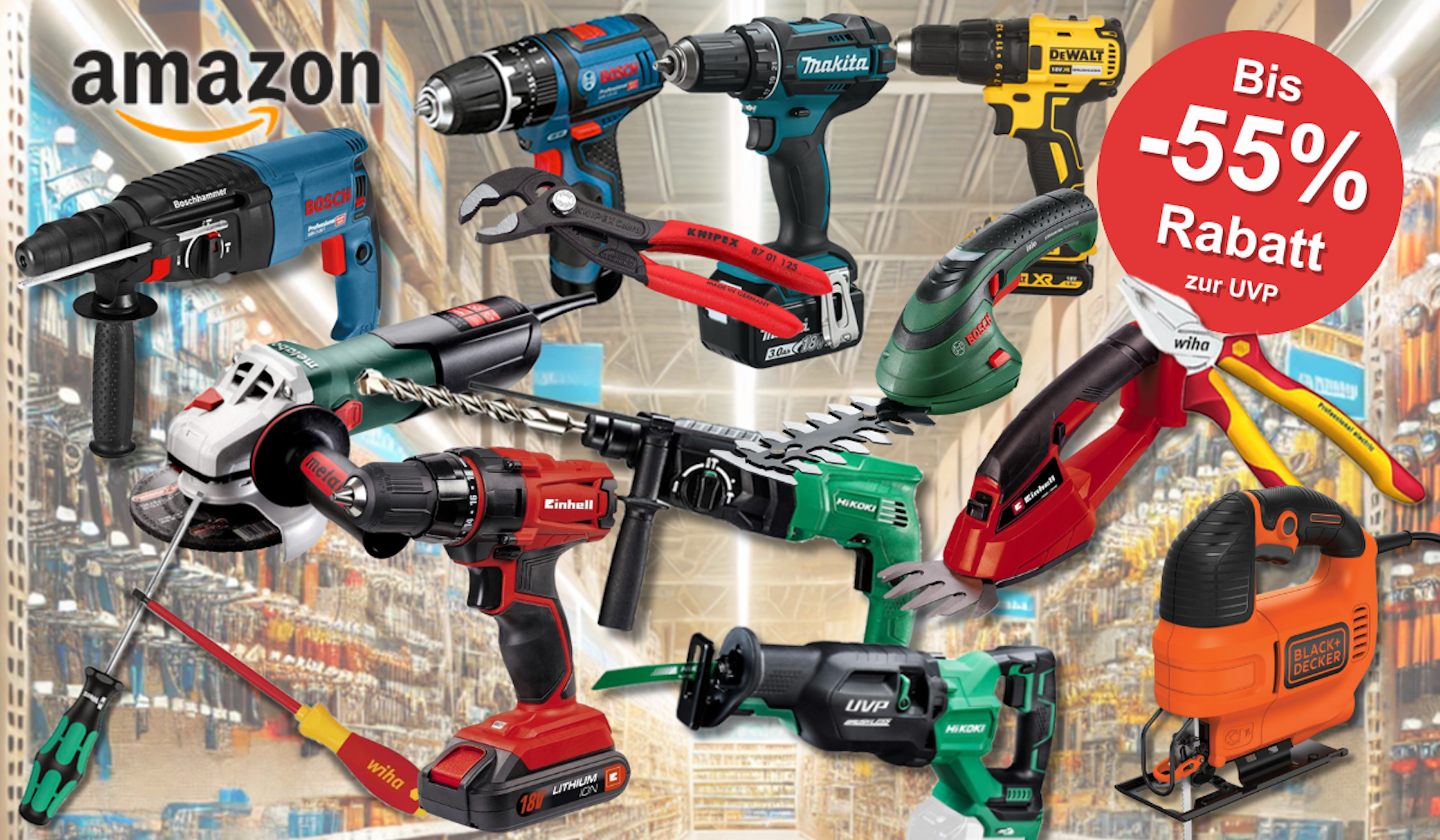 Auf dem Bild ist jede Menge Werkzeug auf einem Baumarkt Hintergrund abgebildet, welches es gerade vergünstigt bei Amazon gibt.