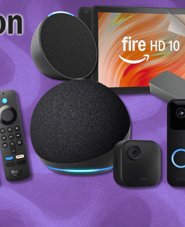 Amazon Geräte zu den Amazon Prime Deal Days wie Kindle, Echo Dot, Fire TV Stick, Fire Tablet usw. vor lila Hintergrund.