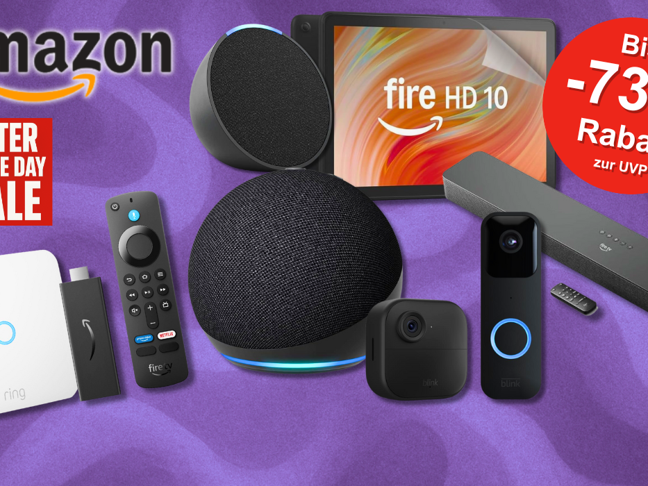 Amazon Geräte zu den Amazon Prime Deal Days wie Kindle, Echo Dot, Fire TV Stick, Fire Tablet usw. vor lila Hintergrund.