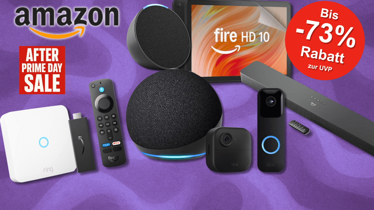 Amazon Geräte zu den Amazon Prime Deal Days wie Kindle, Echo Dot, Fire TV Stick, Fire Tablet usw. vor lila Hintergrund.