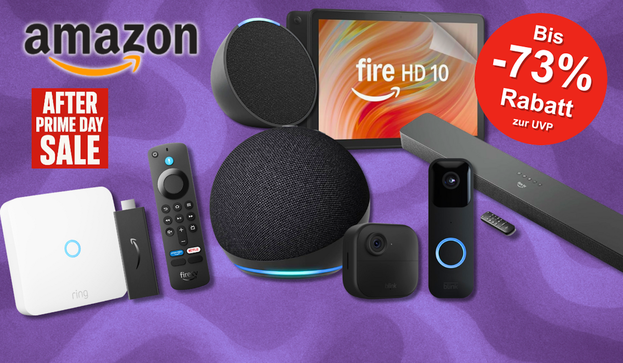 Amazon Geräte zu den Amazon Prime Deal Days wie Kindle, Echo Dot, Fire TV Stick, Fire Tablet usw. vor lila Hintergrund.
