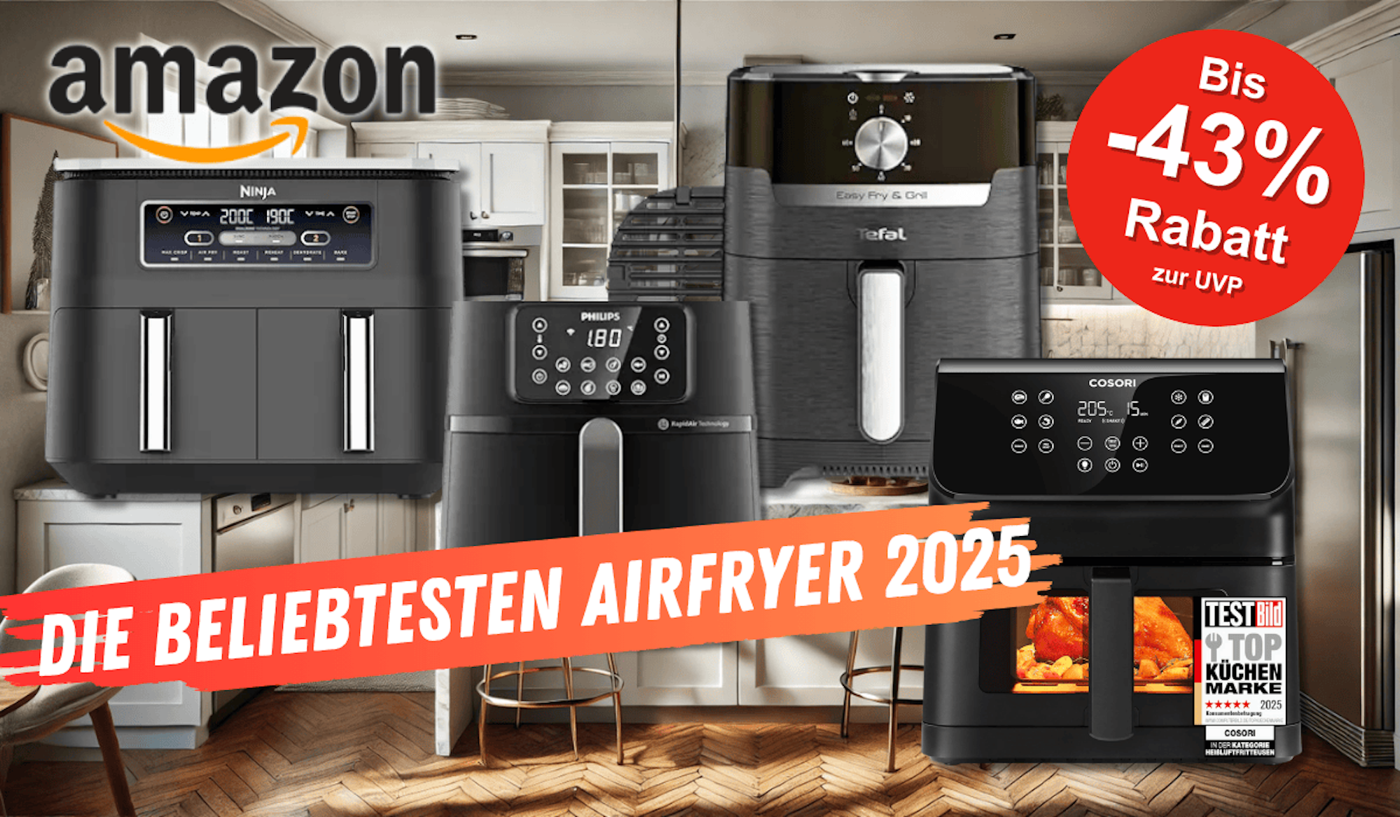 Ninja, Philips, Tefal und COSORI Airfryer vor einer Küche abgebildet.
