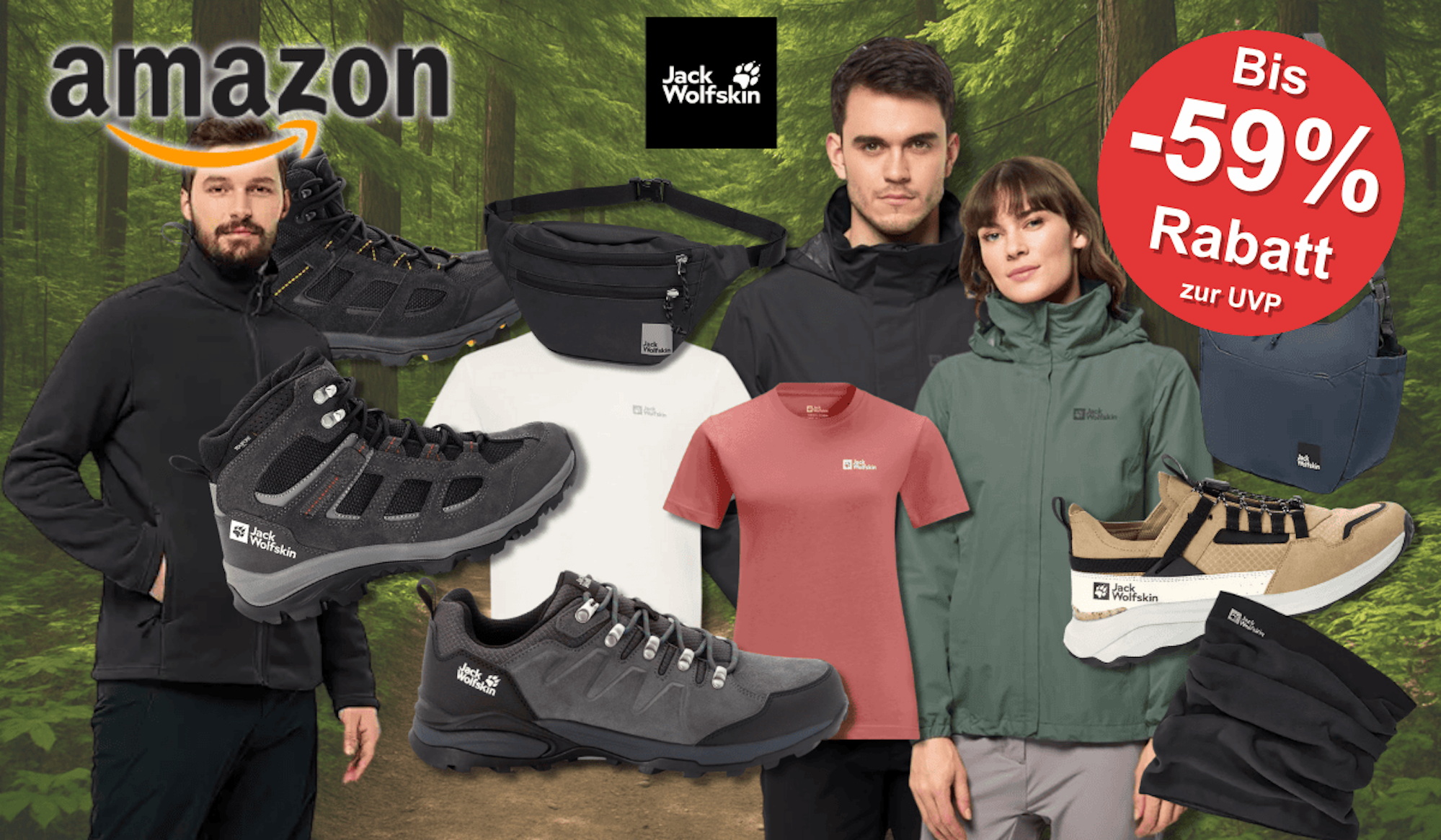 Jack Wolfskin Schuhe, Jacken, Rucksack vor einem Hintergrundbild mit einem Wald.