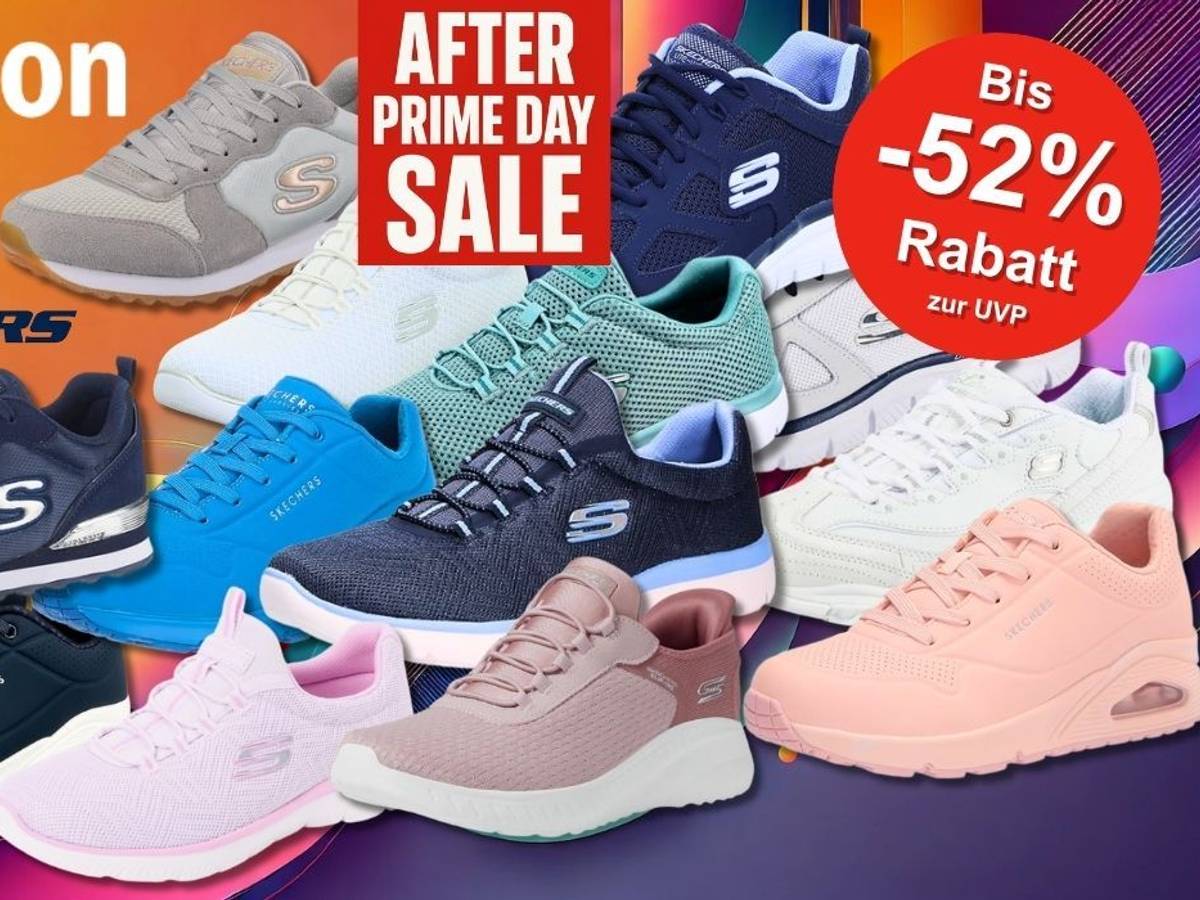 After Prime Deal Days Sale bei Amazon. Skechers Modelle wie Uno Stand on Air, Graceful Get Connected, Summits und mehr vor einem bunten Hintergrund mit kräftigen Farben.