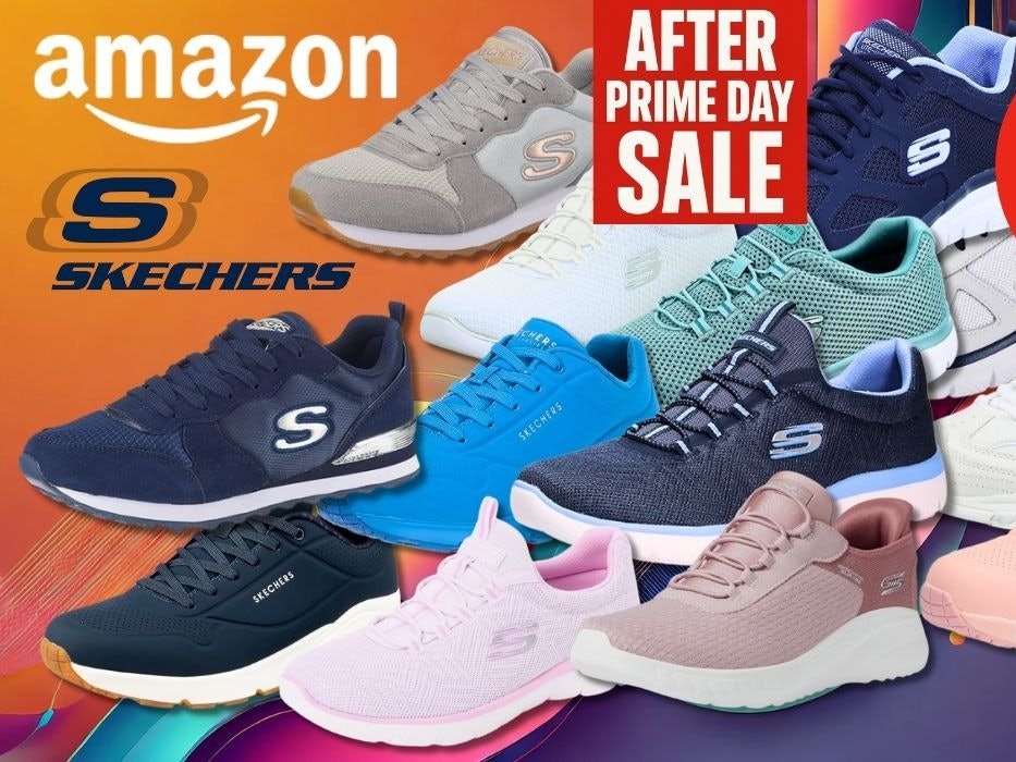 After Prime Deal Days Sale bei Amazon. Skechers Modelle wie Uno Stand on Air, Graceful Get Connected, Summits und mehr vor einem bunten Hintergrund mit kräftigen Farben.