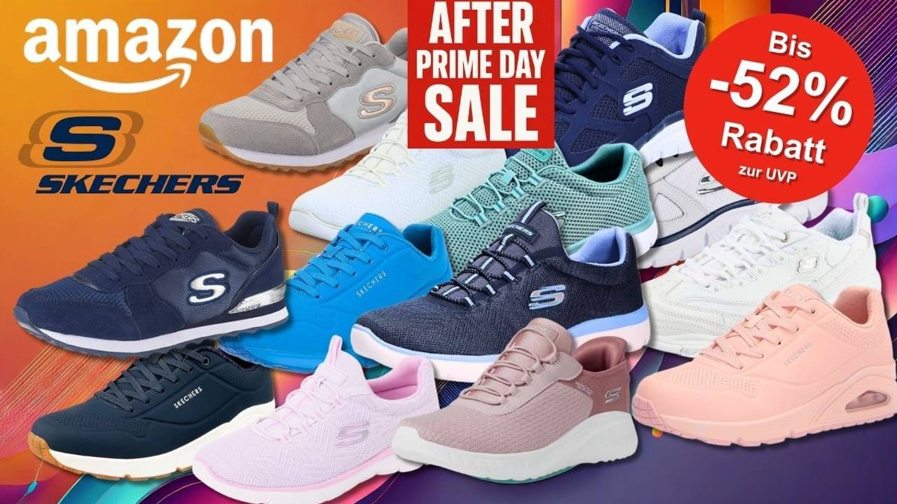 After Prime Deal Days Sale bei Amazon. Skechers Modelle wie Uno Stand on Air, Graceful Get Connected, Summits und mehr vor einem bunten Hintergrund mit kräftigen Farben.