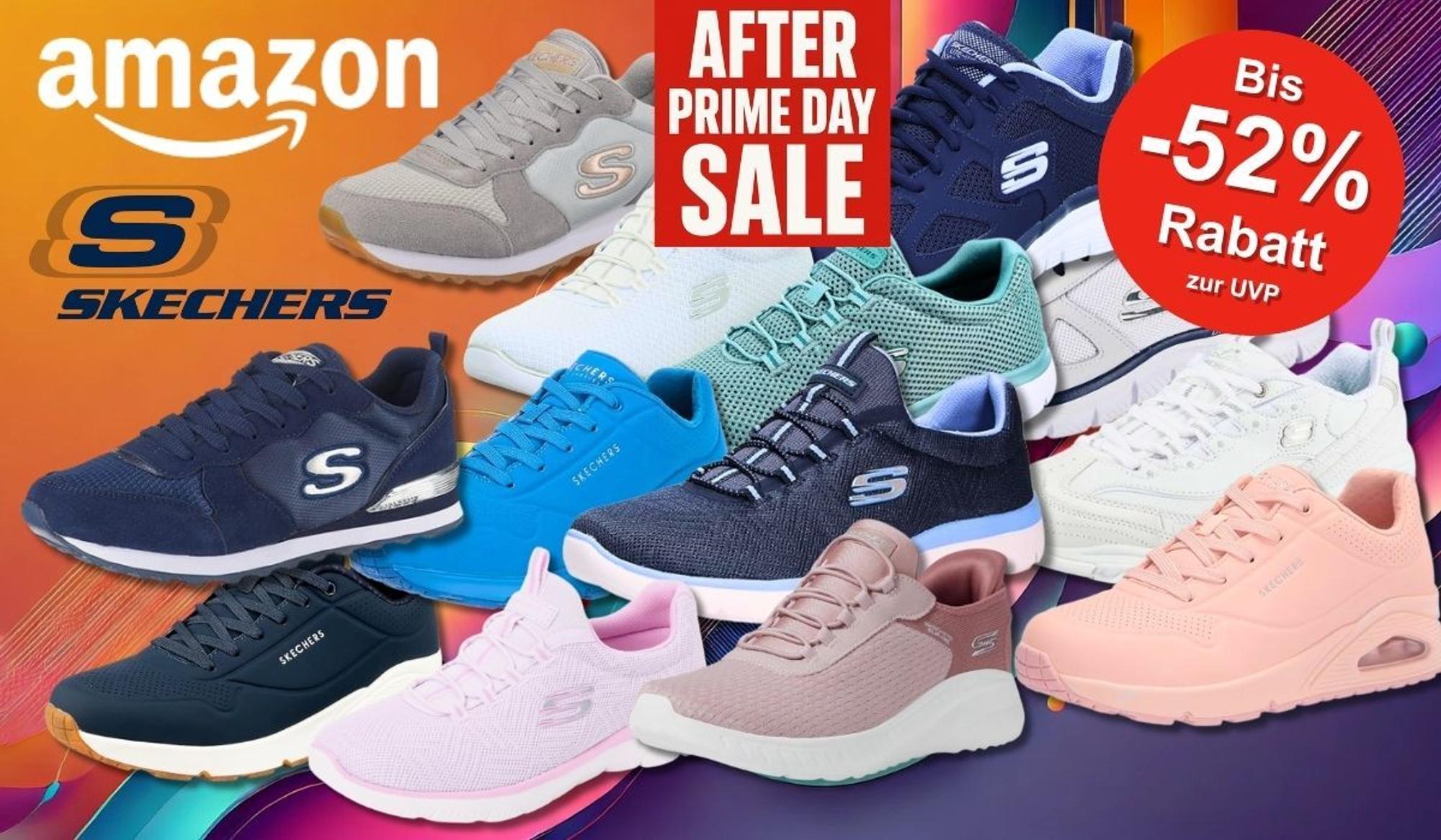 After Prime Deal Days Sale bei Amazon. Skechers Modelle wie Uno Stand on Air, Graceful Get Connected, Summits und mehr vor einem bunten Hintergrund mit kräftigen Farben.