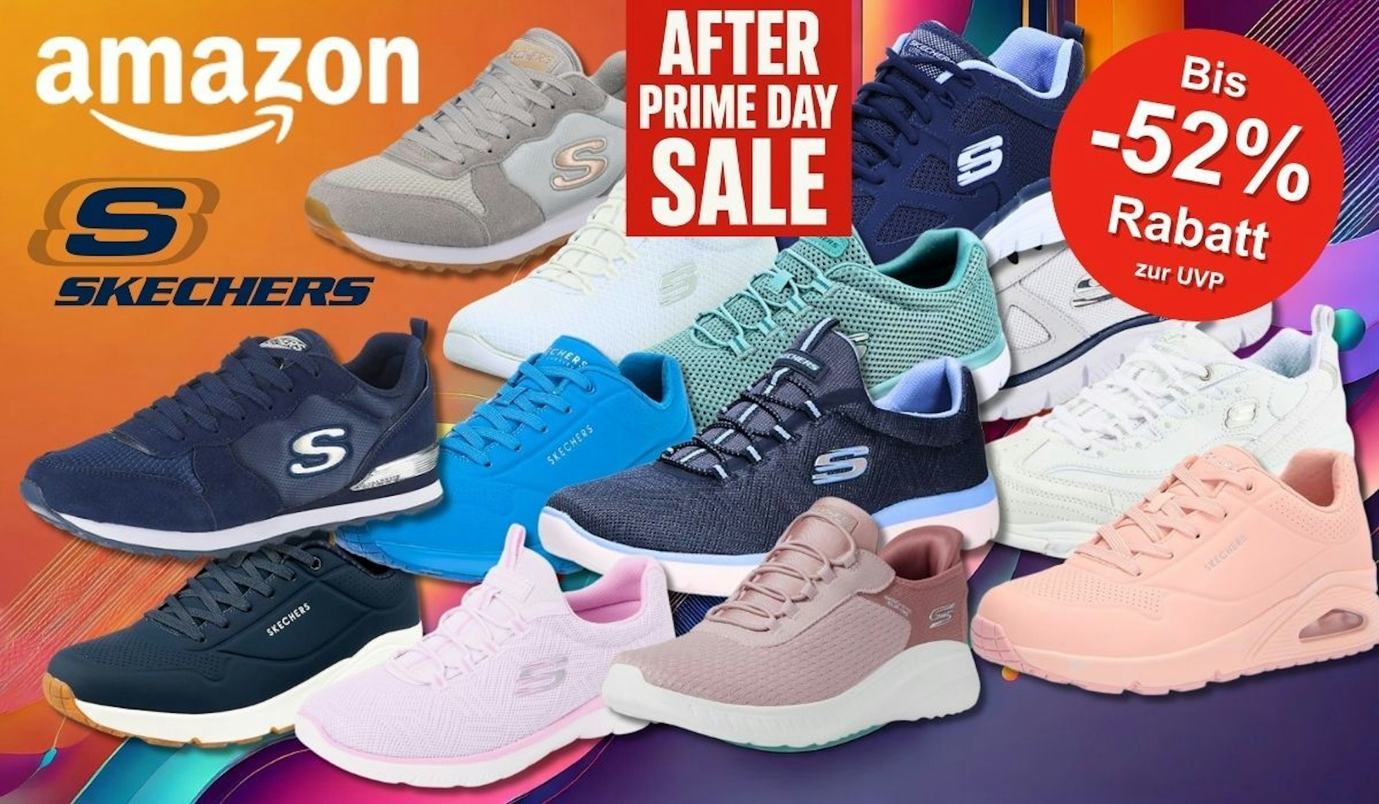 After Prime Deal Days Sale bei Amazon. Skechers Modelle wie Uno Stand on Air, Graceful Get Connected, Summits und mehr vor einem bunten Hintergrund mit kräftigen Farben.