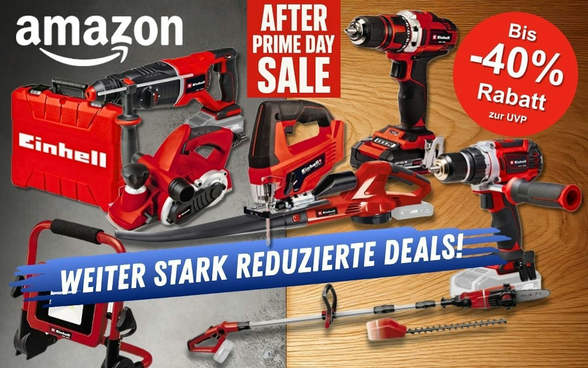 After Prime Deal Days bei Amazon: Einhell Werkzeug wie Stichsäge, Akku-Bohrschrauber, Schlagbohrmaschine, Hobel vor einem Hintergrund aus Beton und gemaserter Holzwand.
