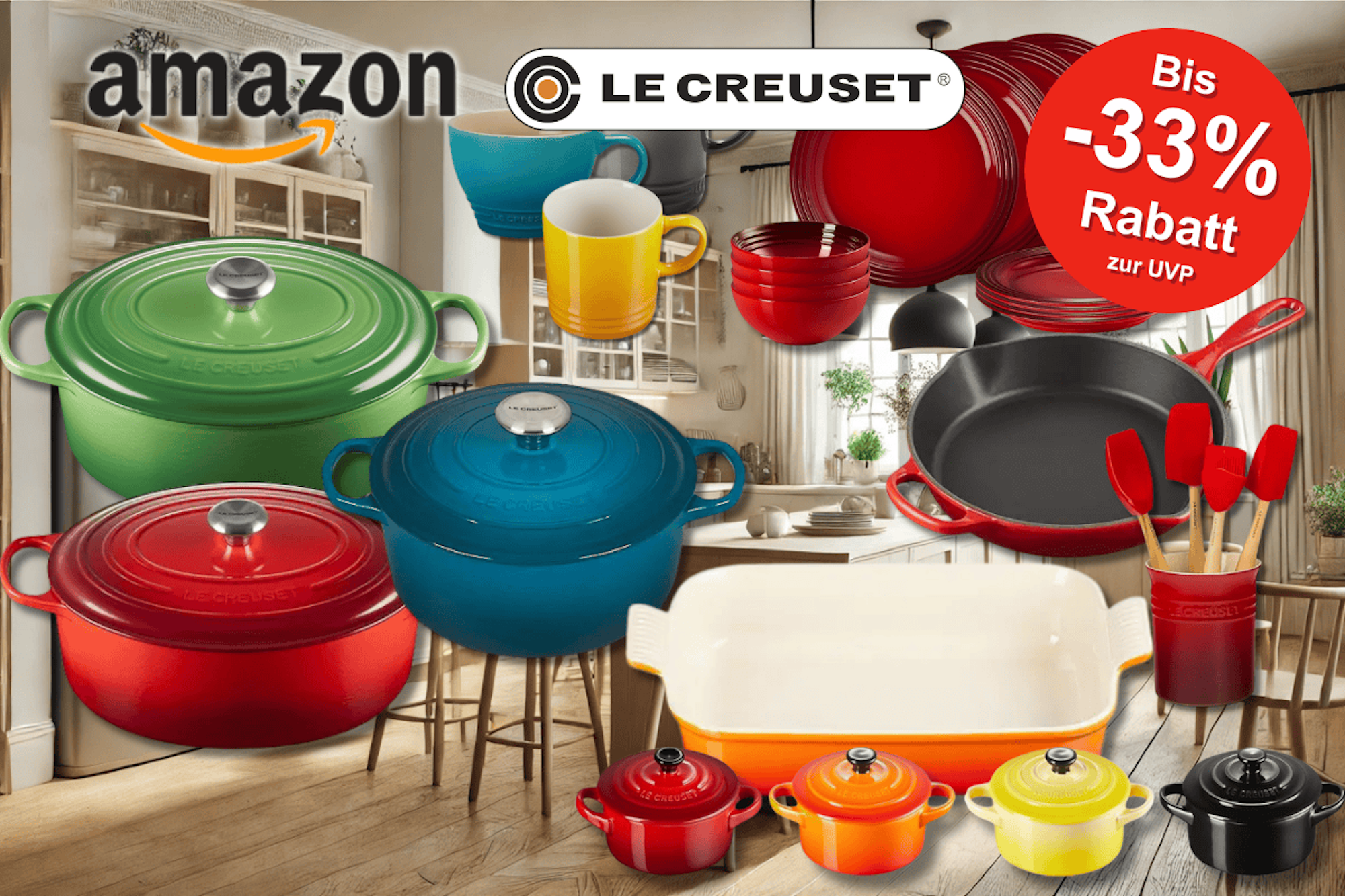 Eine farbenfrohe Auswahl an Le Creuset Kochgeschirr – darunter Bräter, Pfannen, Tassen und Auflaufformen – in kräftigen Farben wie Rot, Blau, Grün und Orange, präsentiert in einer stilvollen Küchenumgebung.