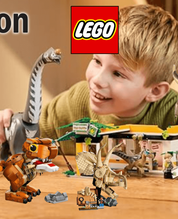 Lego Jurassic World Sets mit einem Jungen, der damit spielt.