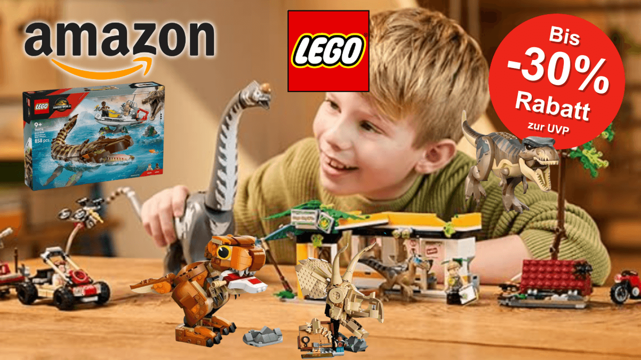 Lego Jurassic World Sets mit einem Jungen, der damit spielt.