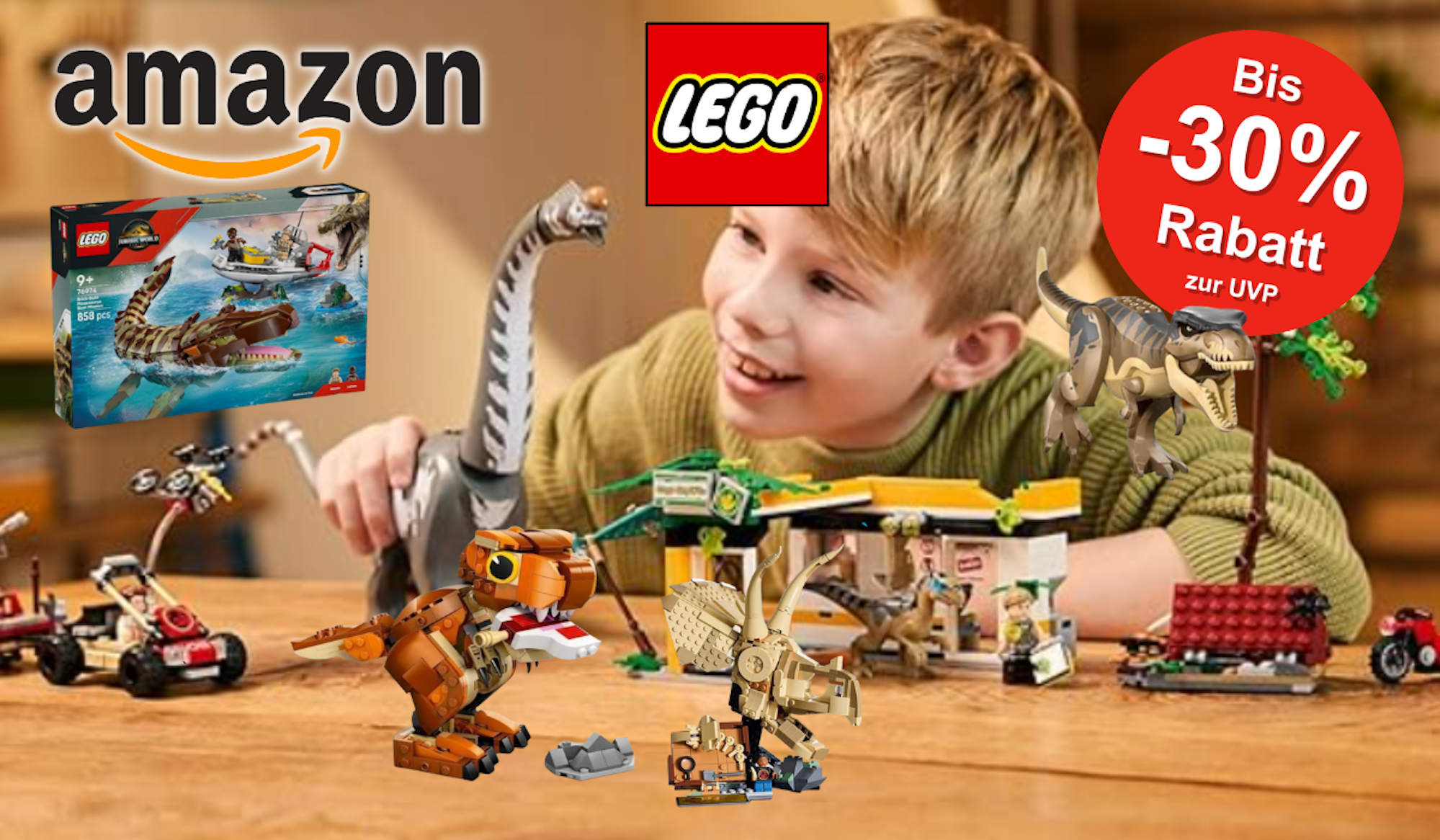 Lego Jurassic World Sets mit einem Jungen, der damit spielt.