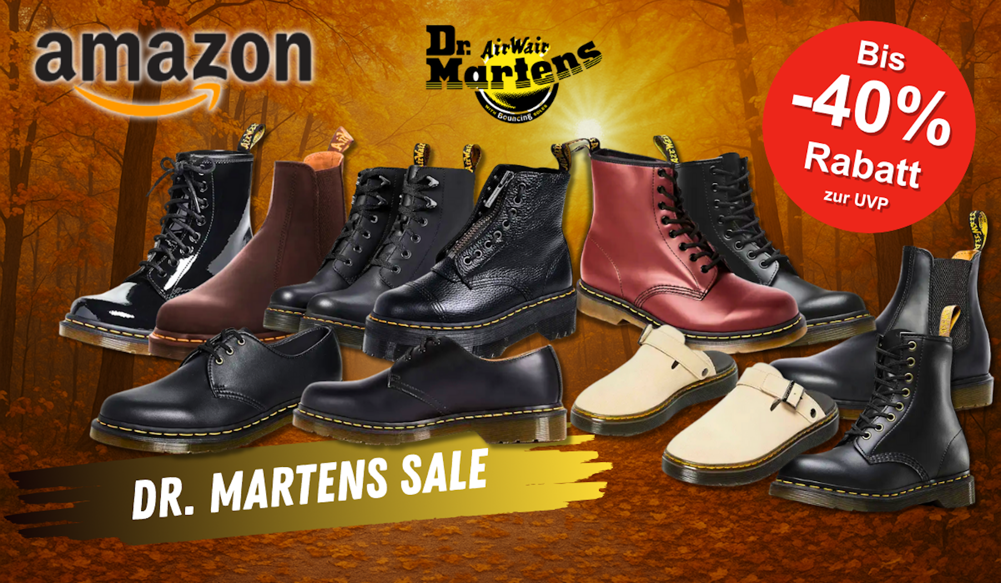 Verschiedenen Modelle der Dr. Marten Boots und Schuhe auf einem orange-goldenen Waldhintergrund.