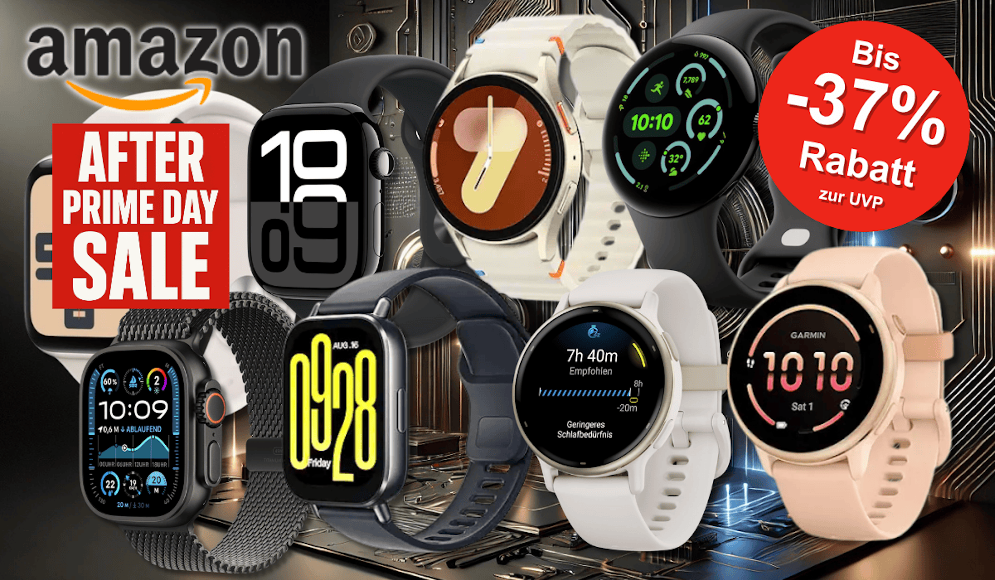 Mehrere Smartwatch-Modelle von Marken wie Apple, Samsung, Garmin und Xiaomi vor einem Hintergrund mit technischen Elementen.