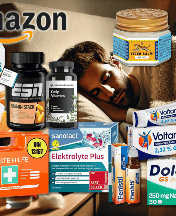 Verschiedene Gesundheitsprodukte wie Ibuprofen, Dolormin, Voltaren, Tiger Balm, Elektrolyte, Vitamine und ein Erste-Hilfe-Kasten vor einem Hintergrund einer Person die erschöpft im Bett liegt.