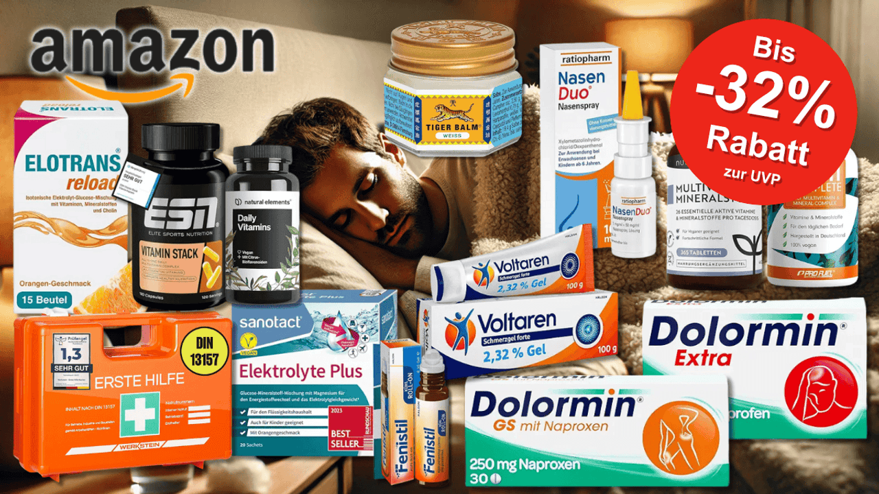 Verschiedene Gesundheitsprodukte wie Ibuprofen, Dolormin, Voltaren, Tiger Balm, Elektrolyte, Vitamine und ein Erste-Hilfe-Kasten vor einem Hintergrund einer Person die erschöpft im Bett liegt.