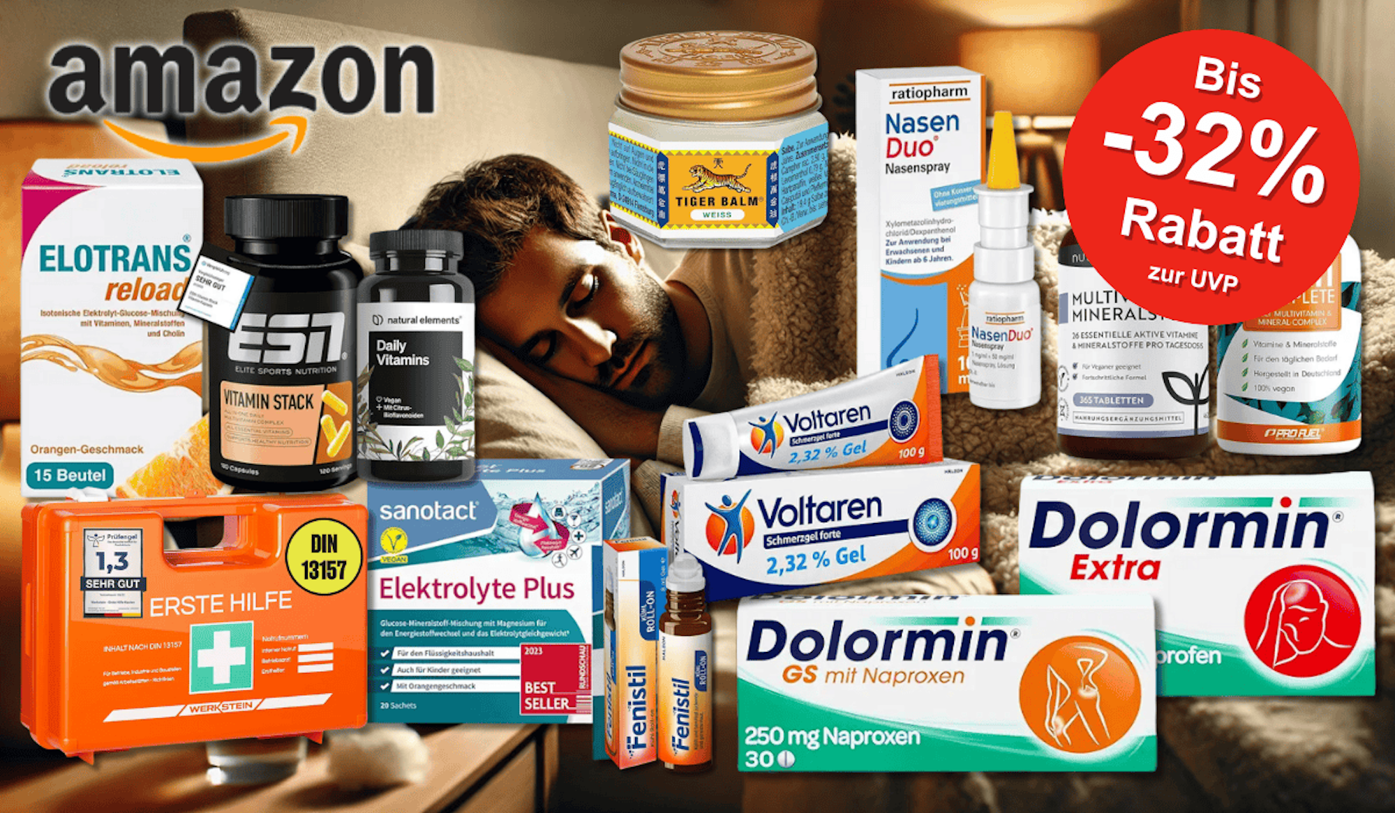 Verschiedene Gesundheitsprodukte wie Ibuprofen, Dolormin, Voltaren, Tiger Balm, Elektrolyte, Vitamine und ein Erste-Hilfe-Kasten vor einem Hintergrund einer Person die erschöpft im Bett liegt.