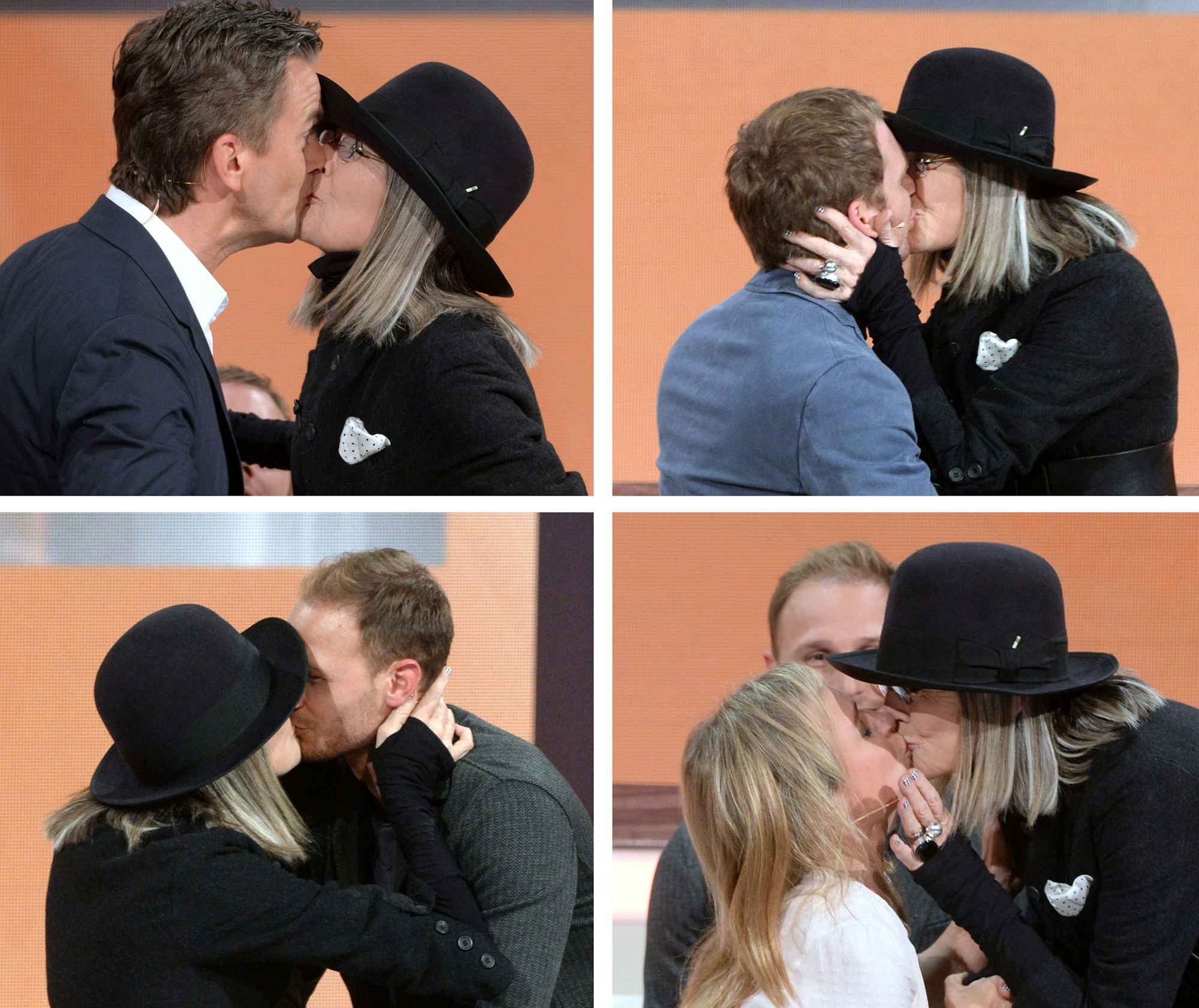 Vier Küsse bei „Wetten, dass..?“ in Erfurt im Jahr 2014: Diane Keaton mit (von links oben im Uhrzeigersinn) Markus Lanz, Ralf Schmitz, Benedikt Höwedes und Christine Urspruch.