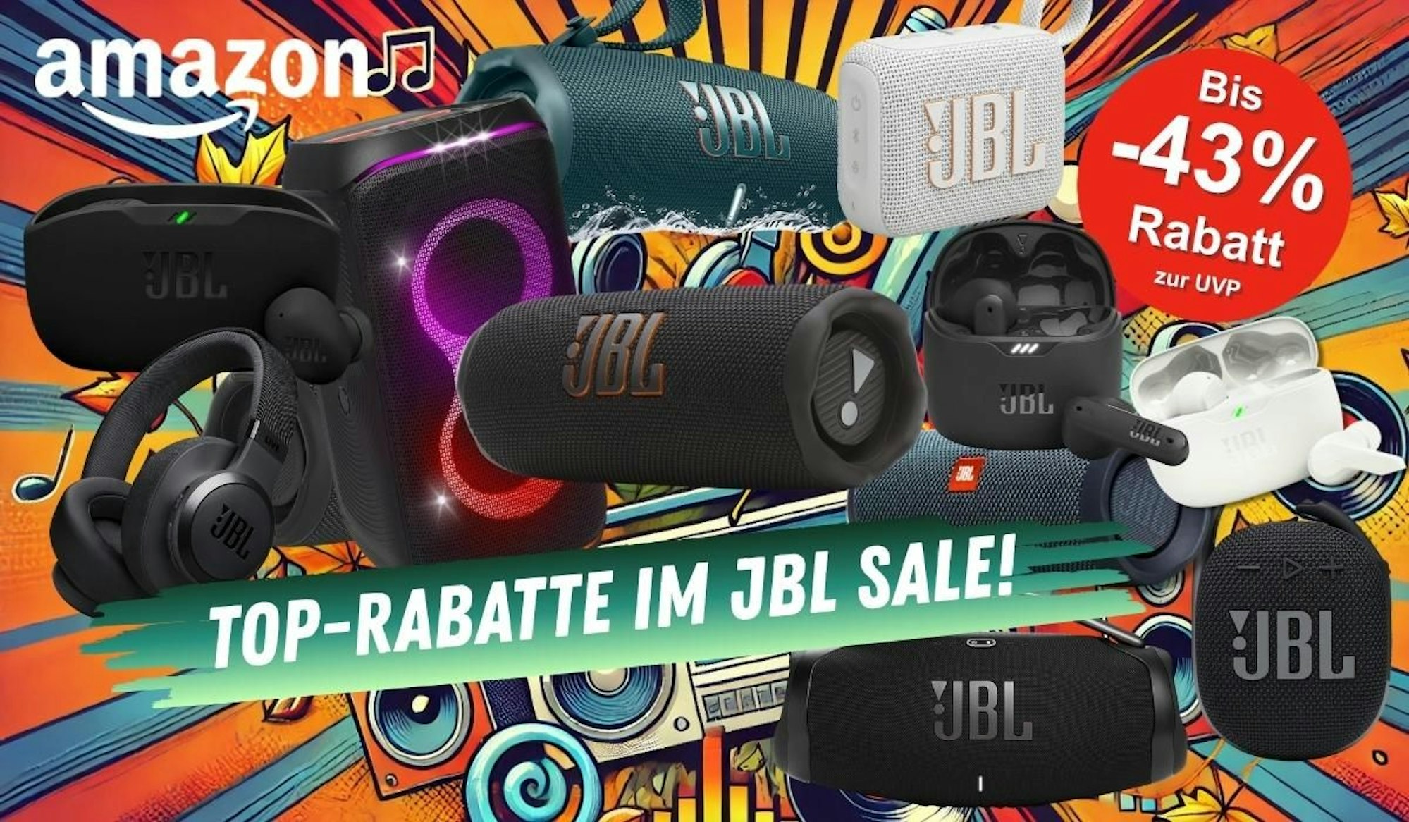 JBL Bluetooth Speaker Kopfhörer vor einem bunten Comichintergrund mit dem Thema Audiotechnik und Herbst.