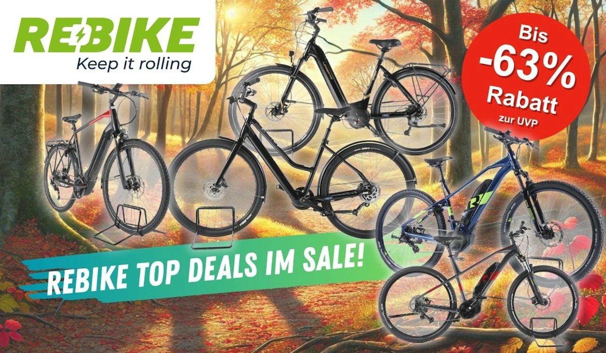 Mehrere E-Bike-Modelle wie E-Mountain-Bike und City-E-Bike vor einem herbstlichen Wald. Mehrere bekannte E-Bike Marken und Hersteller sind vertreten.