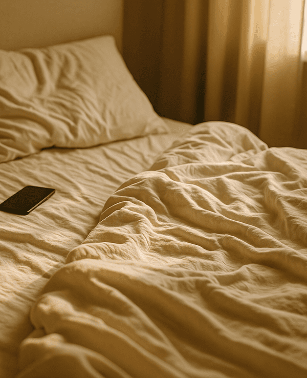 Ein leeres Doppelbett mit zwei Kaffeetassen und einem Handy darauf.