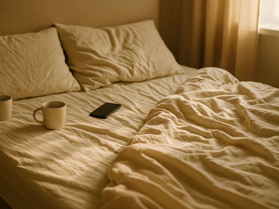 Ein leeres Doppelbett mit zwei Kaffeetassen und einem Handy darauf.