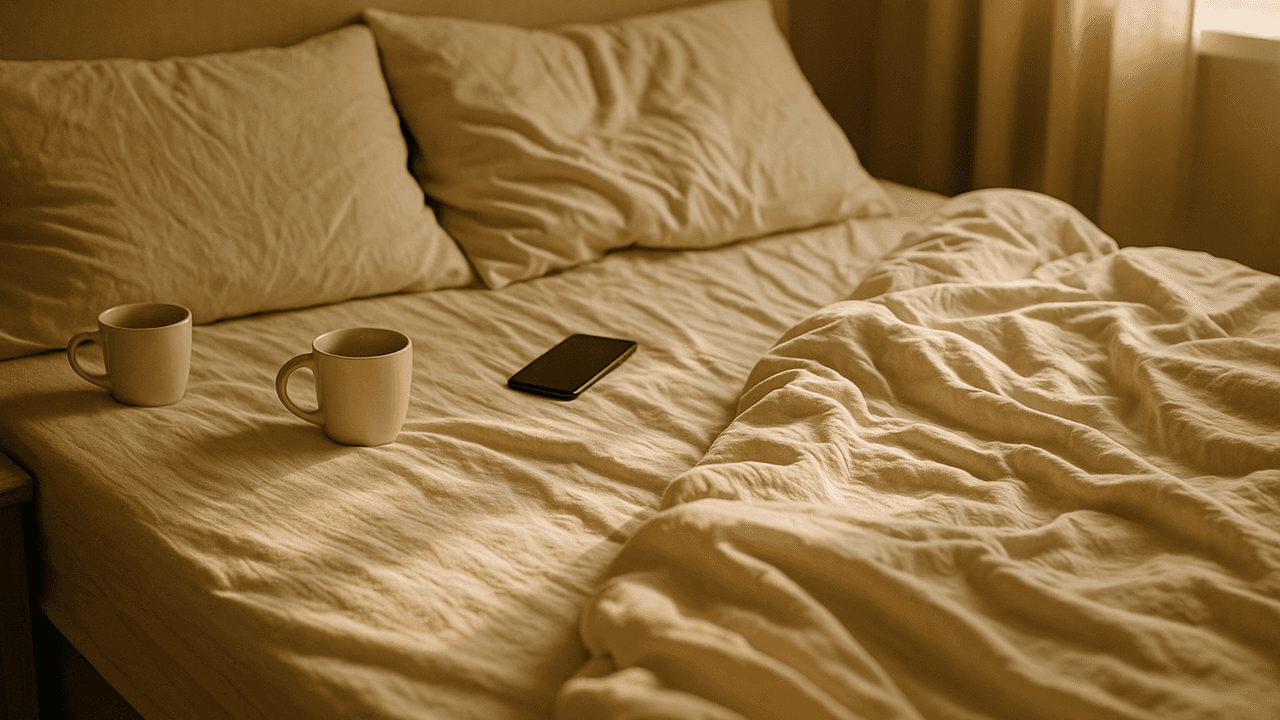 Ein leeres Doppelbett mit zwei Kaffeetassen und einem Handy darauf.