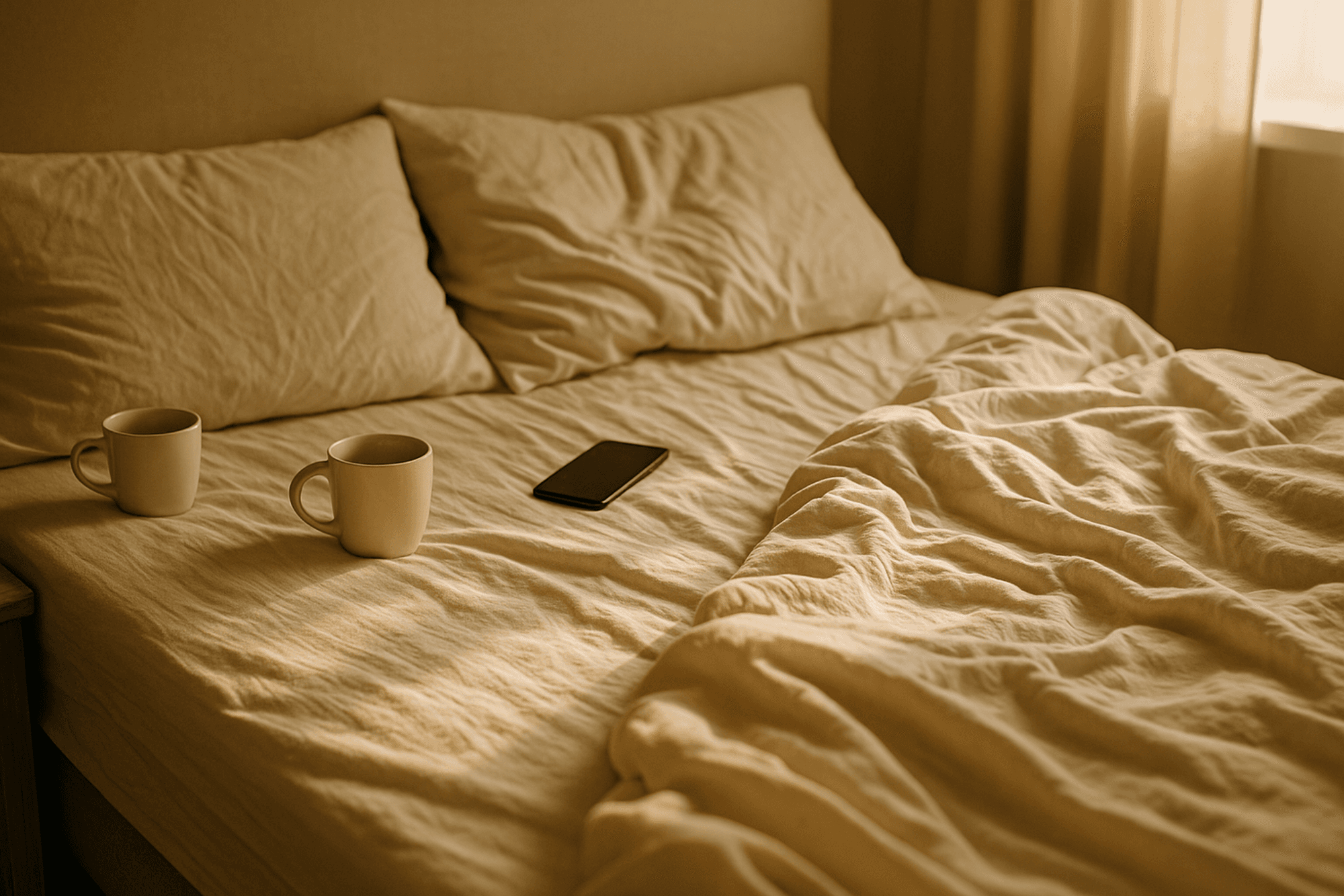 Ein leeres Doppelbett mit zwei Kaffeetassen und einem Handy darauf.