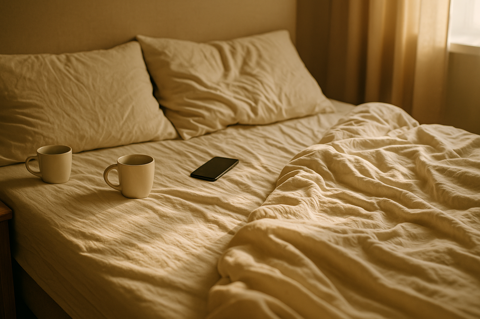 Ein leeres Doppelbett mit zwei Kaffeetassen und einem Handy darauf.