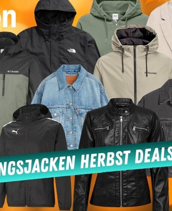 Übergangsjacken für Damen und Herren vor einem goldfarbenem Hintergrund mit Herbstlaub. Dabei Marken wie The North Face, Jack Jones, Jack Wolfskin, Columbia, Puma, Levis, Only.