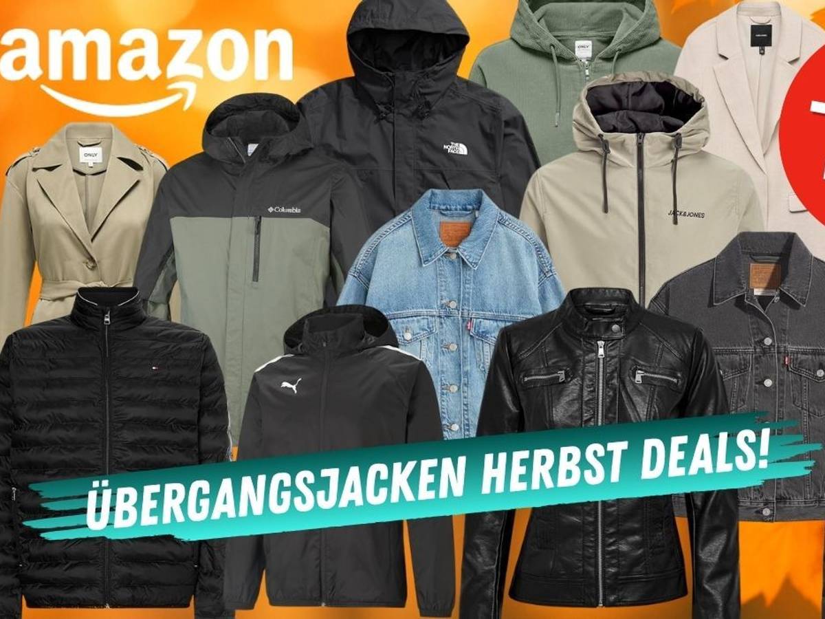 Übergangsjacken für Damen und Herren vor einem goldfarbenem Hintergrund mit Herbstlaub. Dabei Marken wie The North Face, Jack Jones, Jack Wolfskin, Columbia, Puma, Levis, Only.