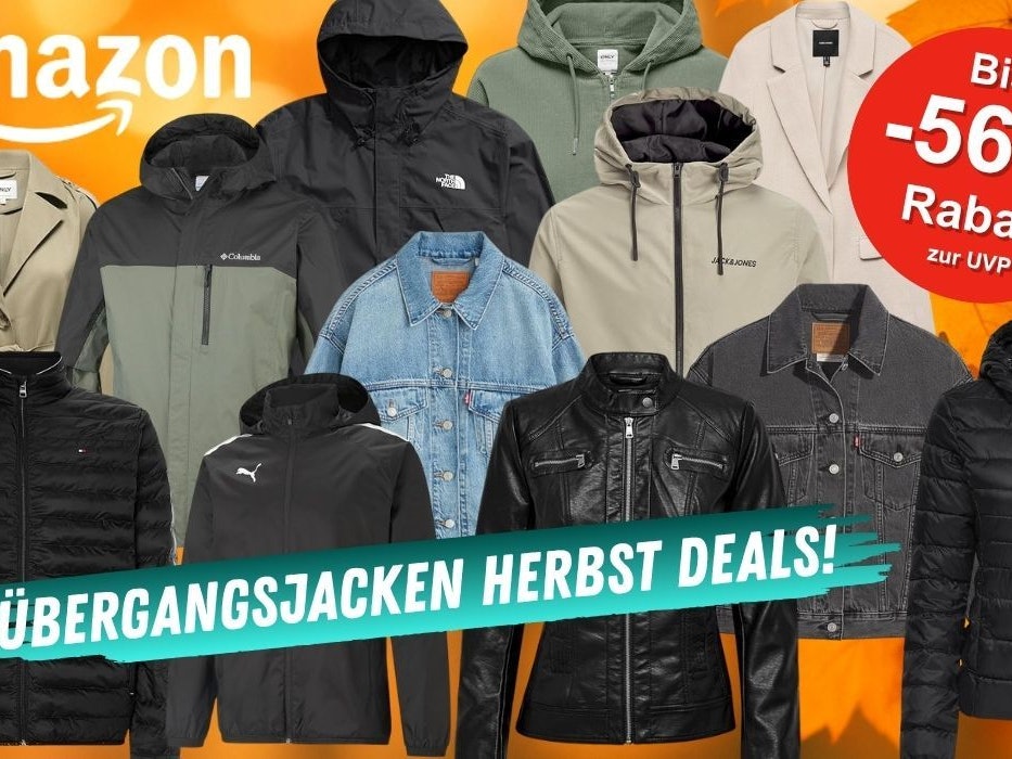 Übergangsjacken für Damen und Herren vor einem goldfarbenem Hintergrund mit Herbstlaub. Dabei Marken wie The North Face, Jack Jones, Jack Wolfskin, Columbia, Puma, Levis, Only.