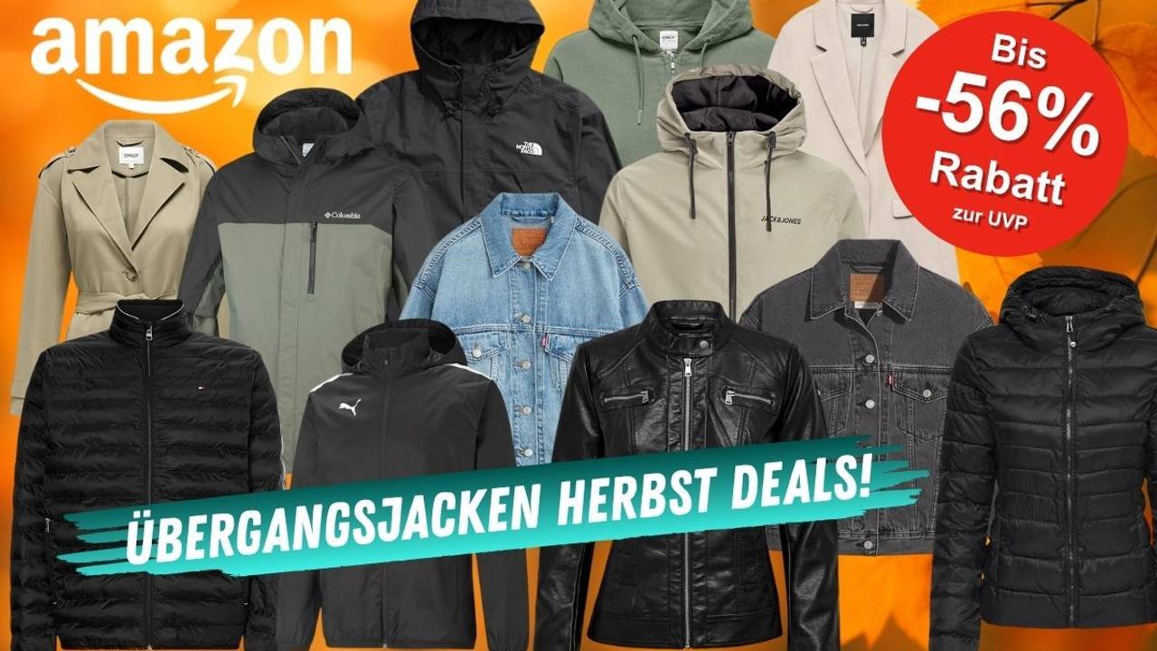 Übergangsjacken für Damen und Herren vor einem goldfarbenem Hintergrund mit Herbstlaub. Dabei Marken wie The North Face, Jack Jones, Jack Wolfskin, Columbia, Puma, Levis, Only.