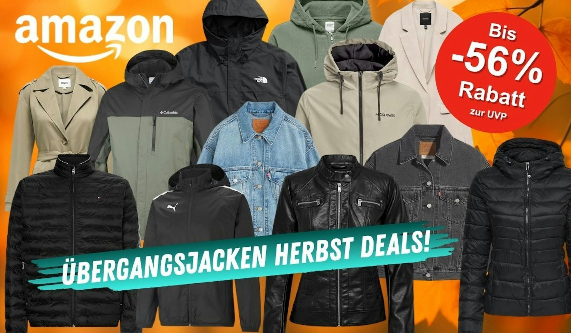 Übergangsjacken für Damen und Herren vor einem goldfarbenem Hintergrund mit Herbstlaub. Dabei Marken wie The North Face, Jack Jones, Jack Wolfskin, Columbia, Puma, Levis, Only.