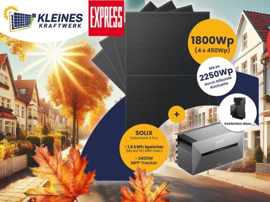 Balkonkraftwerk-Set Kleines Kraftwerk Quattro (4 × 450 Wp Full-Black Module) mit integrierter Anker Solarbank 2 E1600 Pro vor einer Straße in einer ruhigen Stadtgegend mit Einfamilienhäusern im Herbst.
