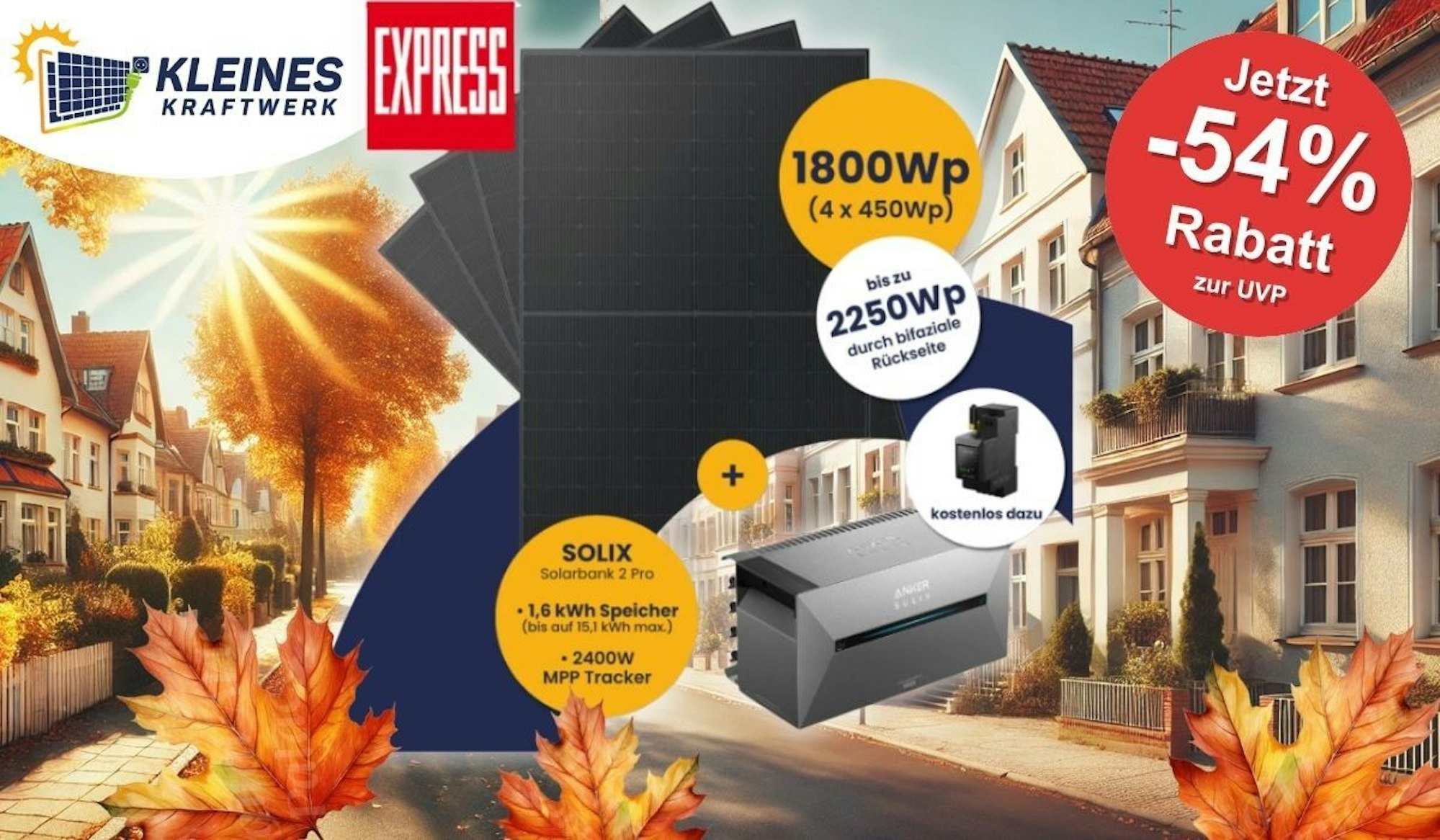 Balkonkraftwerk-Set Kleines Kraftwerk Quattro (4 × 450 Wp Full-Black Module) mit integrierter Anker Solarbank 2 E1600 Pro vor einer Straße in einer ruhigen Stadtgegend mit Einfamilienhäusern im Herbst.