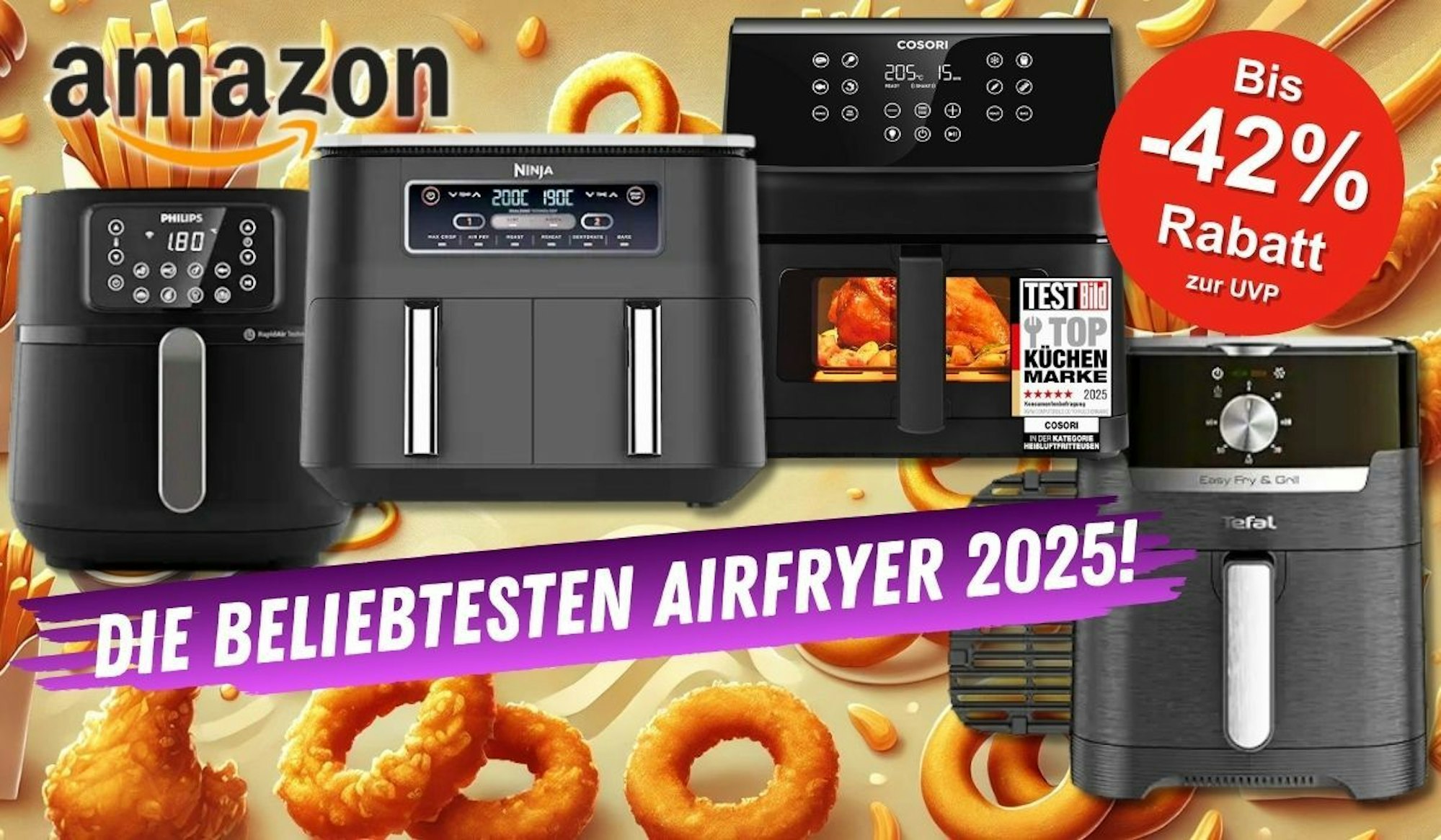 Airfryer Marken und Küchen Bestseller Heißluftfritteusen von Cosori, Ninja, Tefal und Philips vor einem Hintergrund mit leckeren, frittierten Speisen.
