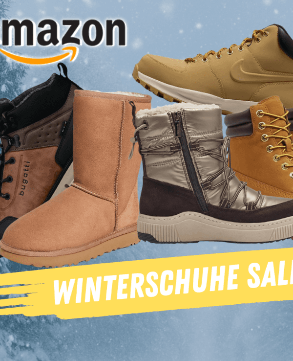 Auf dem Bild sind Winterschuhe diverser Marken abgebildet. Als Hintergrund wurde eine verschneite Landschaft gewählt.