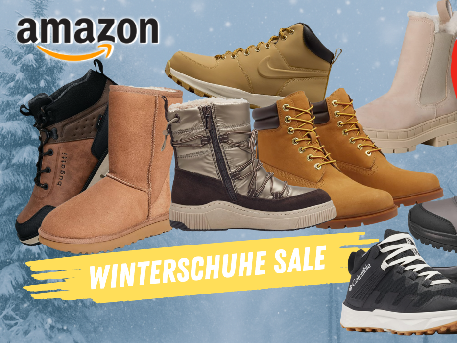 Auf dem Bild sind Winterschuhe diverser Marken abgebildet. Als Hintergrund wurde eine verschneite Landschaft gewählt.