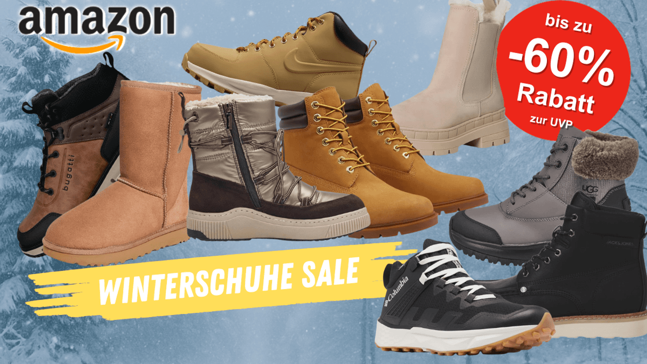 Auf dem Bild sind Winterschuhe diverser Marken abgebildet. Als Hintergrund wurde eine verschneite Landschaft gewählt.