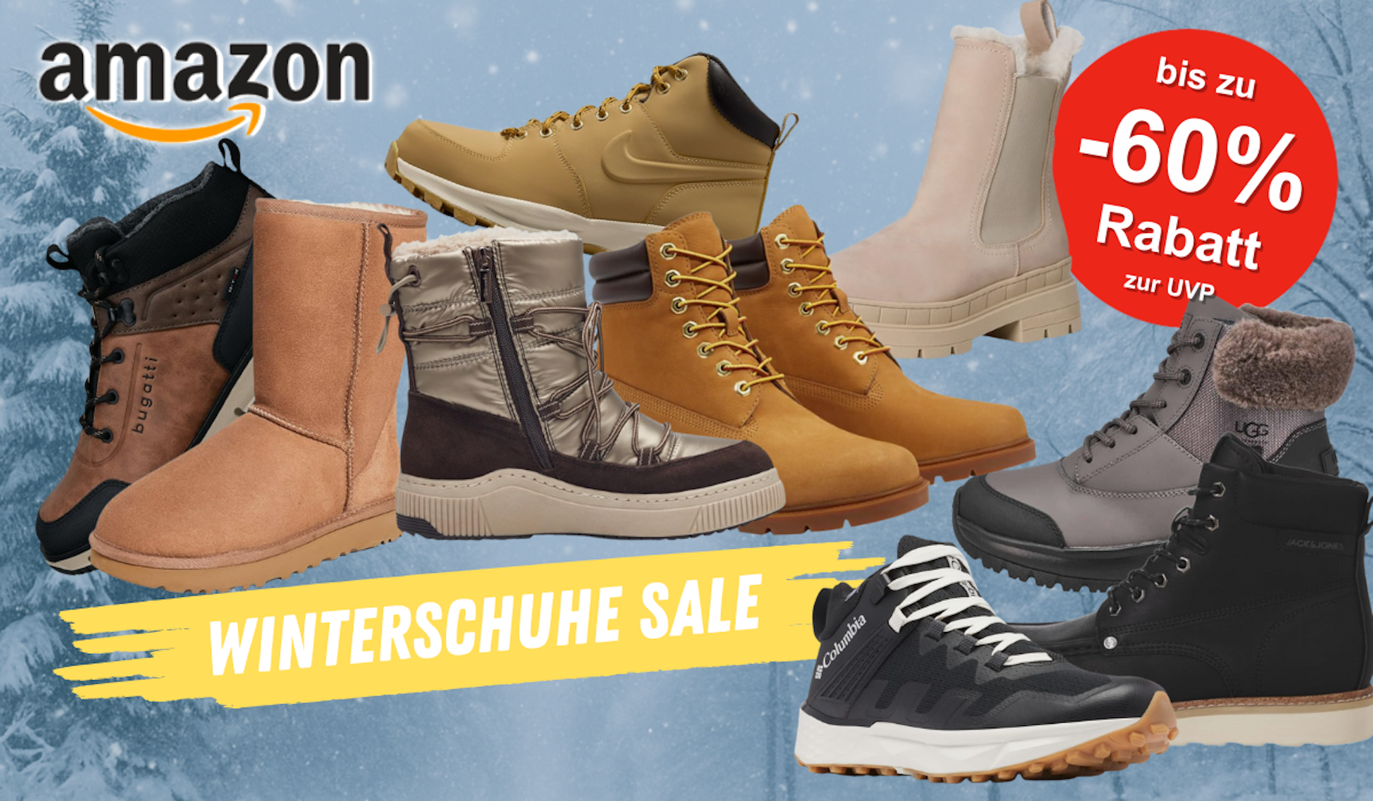 Auf dem Bild sind Winterschuhe diverser Marken abgebildet. Als Hintergrund wurde eine verschneite Landschaft gewählt.