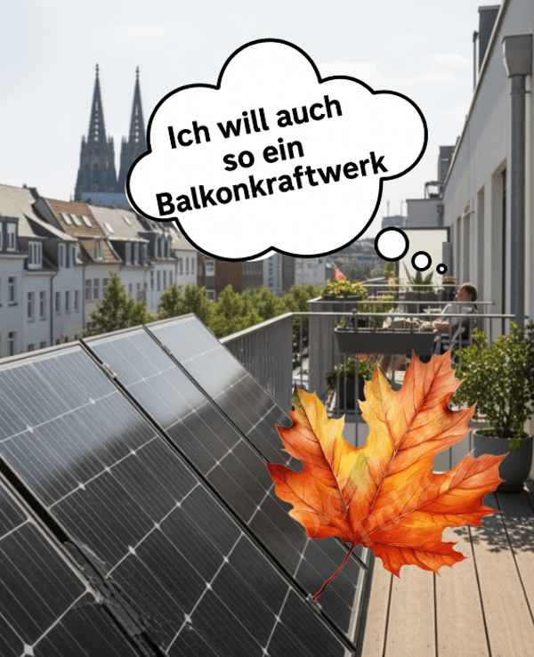 Ein Balkonkraftwerk an einem Balkongeländer angebracht, im Hintergrund an der Skyline der Kölner Dom zu sehen.