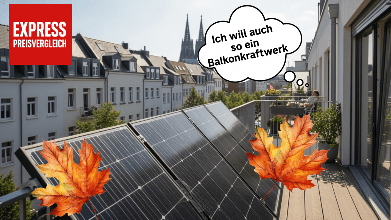 Ein Balkonkraftwerk an einem Balkongeländer angebracht, im Hintergrund an der Skyline der Kölner Dom zu sehen.